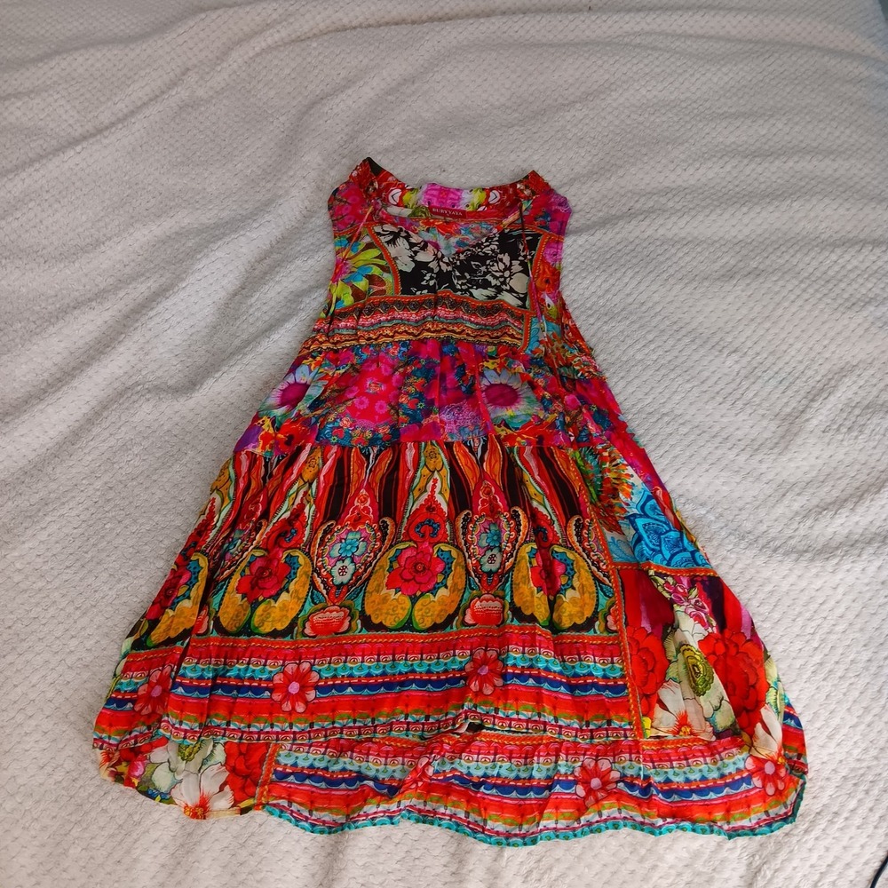 RUBY YAYA Women's Size Small Boho Colorful Tunic Mini Dress Beaded With Tassels